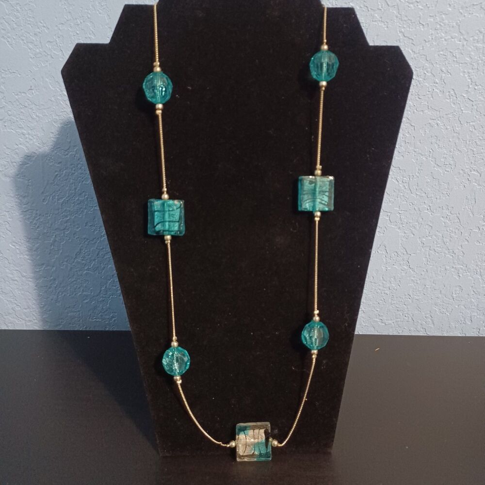 Silver-Toned Aqua Blue Fused Glass & Lucite Bead Statement Necklace, 24"